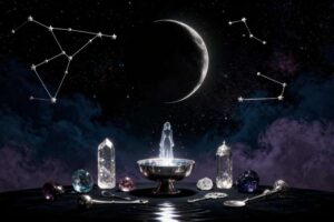 Ritual con velas y cristales dispuestos en círculo durante la fase oscura lunar para potenciar intenciones.