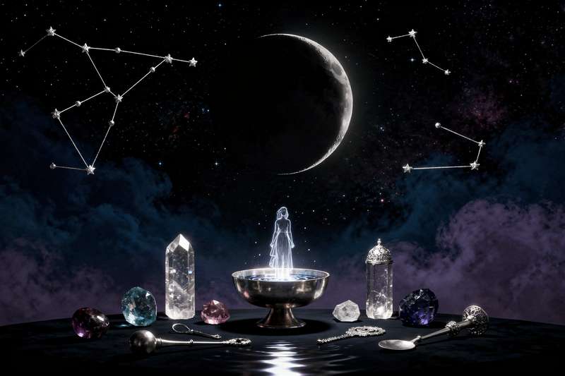 Ritual con velas y cristales dispuestos en círculo durante la fase oscura lunar para potenciar intenciones.
