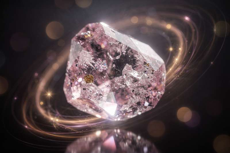 Cristal de cuarzo con inclusiones de litio que irradia tonalidades rosadas y blancas en su estructura mineral.