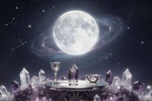 Frasco de cristal transparente expuesto bajo la luz lunar llena para crear agua energizada con propiedades de sanación.
