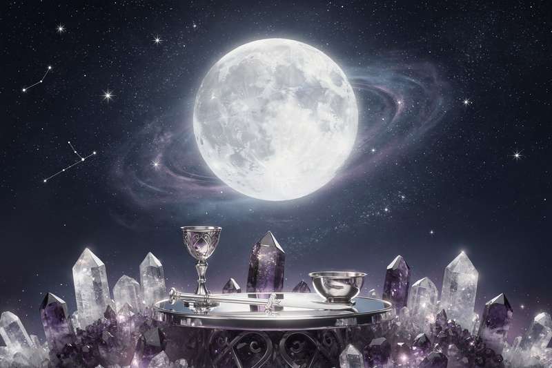 Frasco de cristal transparente expuesto bajo la luz lunar llena para crear agua energizada con propiedades de sanación.