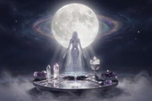 Mujer quemando salvia en un ritual de limpieza energética bajo la luz de la luna llena nocturna.