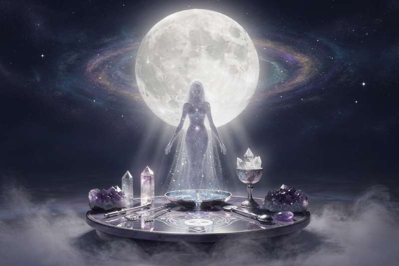 Mujer quemando salvia en un ritual de limpieza energética bajo la luz de la luna llena nocturna.