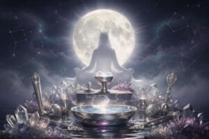 Mujer realizando un ritual de manifestación bajo la luz plateada de la luna llena en la noche.