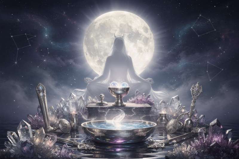 Mujer realizando un ritual de manifestación bajo la luz plateada de la luna llena en la noche.