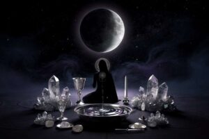 Ritual de manifestación durante la luna nueva con velas, cristales y símbolos de intención sobre una superficie oscura.