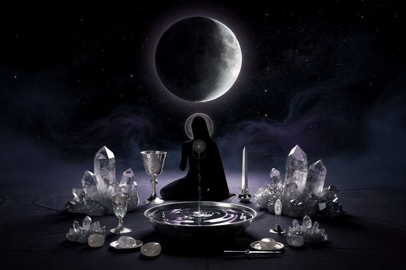 Ritual de manifestación durante la luna nueva con velas, cristales y símbolos de intención sobre una superficie oscura.