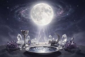 Cartas de tarot dispuestas en círculo sobre una superficie oscura iluminada por la luz de la luna llena.