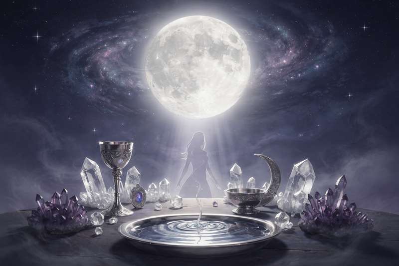 Cartas de tarot dispuestas en círculo sobre una superficie oscura iluminada por la luz de la luna llena.