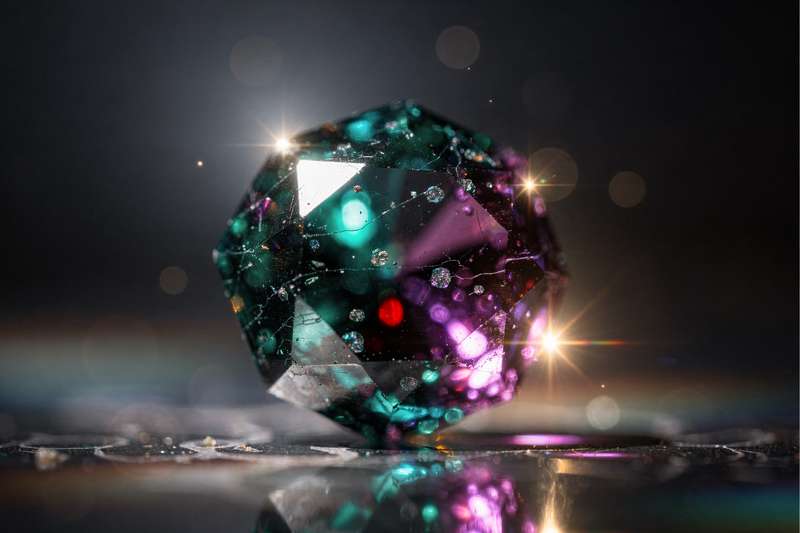 Piedra de alejandrita con tonalidades que cambian de verde a rojo según la iluminación, mostrando su efecto pleocroico...