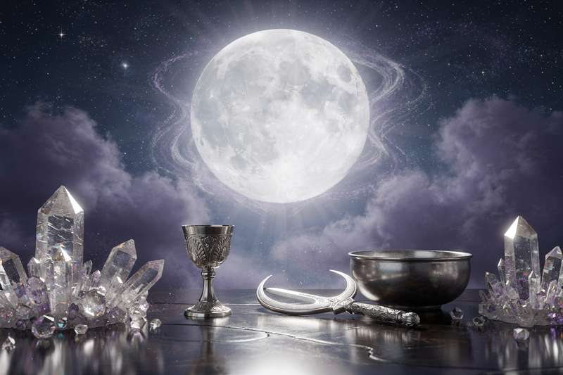Cielo nocturno con luna llena brillante rodeada de flores silvestres en tonos rosas y blancos durante la noche de primavera.