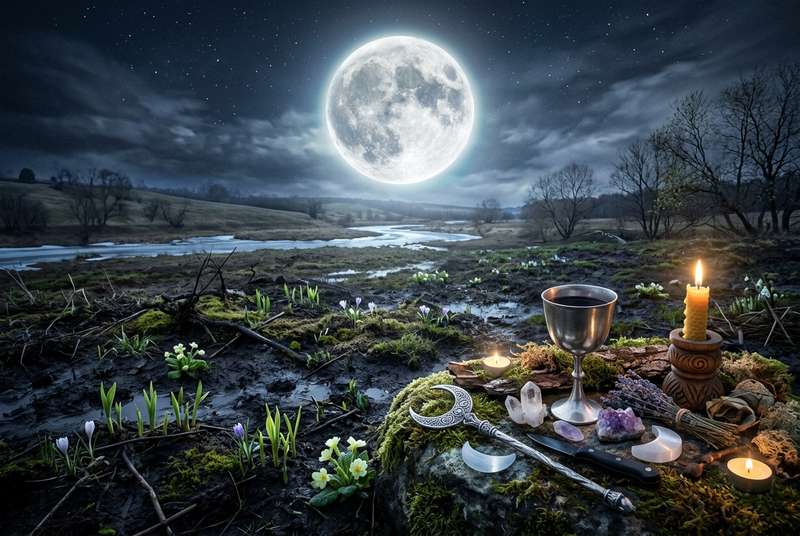 Fase lunar llena en el cielo nocturno durante marzo, momento de máxima energía renovadora y ritual de transformación.
