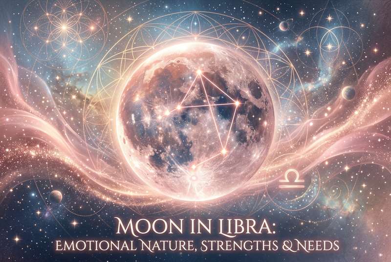 Representación astrológica de la Luna en Libra mostrando equilibrio emocional y armonía relacional.