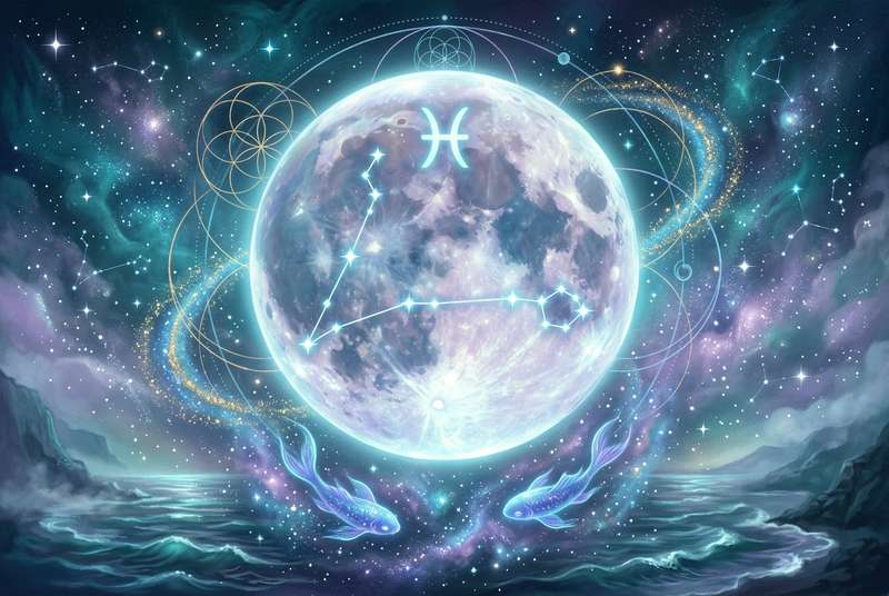 Representación simbólica de la Luna en el signo de Piscis mostrando su influencia en la sensibilidad emocional y la intuición.