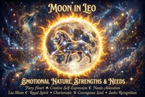 Representación astrológica de la Luna en Leo mostrando las características emocionales y el magnetismo personal de este signo...