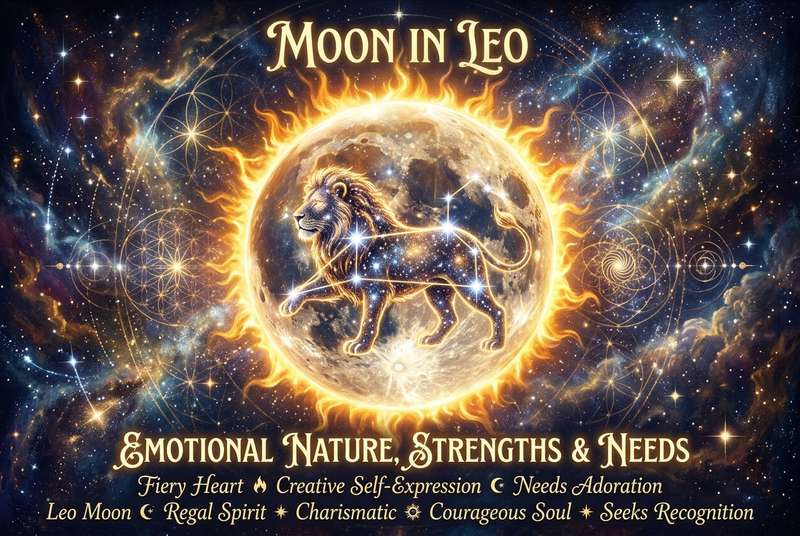 Representación astrológica de la Luna en Leo mostrando las características emocionales y el magnetismo personal de este signo...