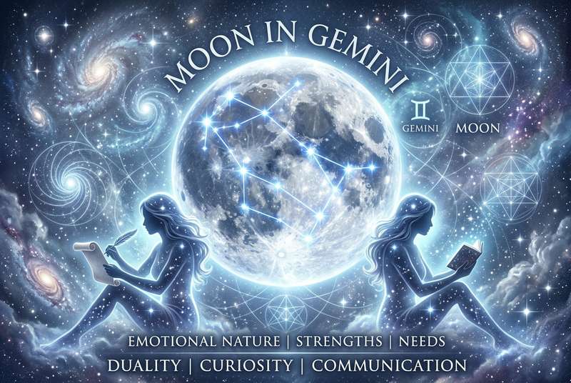 Representación astrológica de la Luna en el signo de Géminis mostrando sus características emocionales y espirituales.