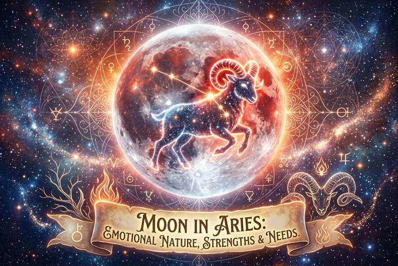 Representación simbólica de la Luna posicionada en el signo zodiacal de Aries, mostrando su influencia en las emociones y...