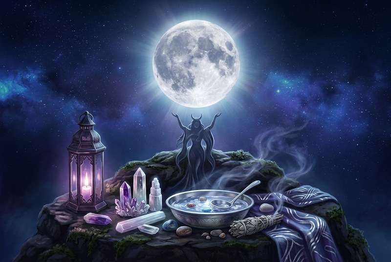 Plenilunio radiante en el cielo nocturno despejado, simbolizando poder espiritual y ciclos ancestrales de transformación...