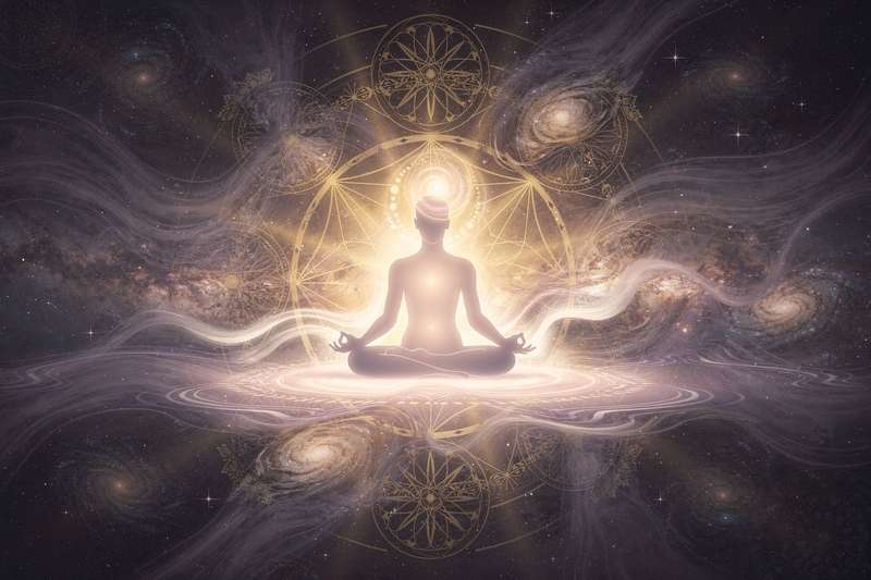 Persona meditando en un espacio sereno mientras integra sus aspectos más oscuros para alcanzar la plenitud emocional.