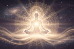 Persona meditando bajo un cielo estrellado, conectando espiritualmente con el universo y sus orígenes cósmicos.