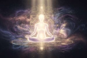 Persona en meditación profunda rodeada de luz suave, estableciendo un vínculo consciente con entidades espirituales invisibles.