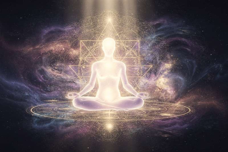 Persona en meditación profunda rodeada de luz suave, estableciendo un vínculo consciente con entidades espirituales invisibles.