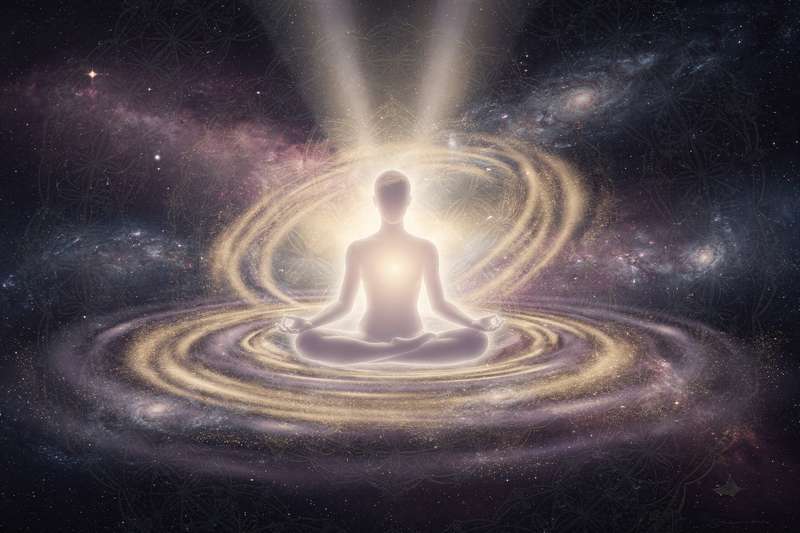Mujer sentada en posición de meditación en un bosque tranquilo rodeada de luz natural y naturaleza serena.