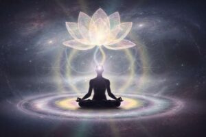 Persona meditando en postura de loto rodeada de luz dorada que representa el equilibrio entre bienestar emocional y...