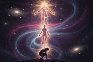 Persona meditando frente a un cielo estrellado mientras experimenta conexión cósmica y elevación espiritual.