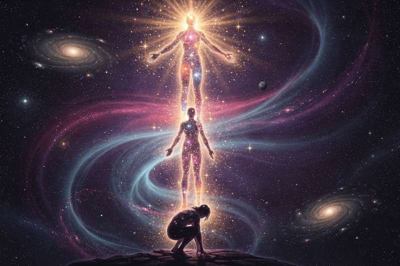 Persona meditando frente a un cielo estrellado mientras experimenta conexión cósmica y elevación espiritual.