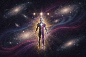 Representación simbólica de la energía cósmica de Orión integrada con elementos de luz y oscuridad que reflejan el equilibrio...