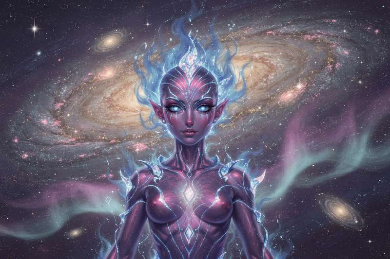 Ser luminoso con energía cósmica emanando desde el pecho hacia las galaxias del universo.