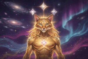 Ser mitológico felino con características estelares y aura luminosa que representa la conexión entre mundos antiguos y energía...