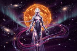 Mujer meditando bajo luz cósmica dorada mientras energías celestiales envuelven su cuerpo en un ambiente de paz espiritual.