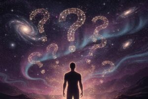 Persona meditando bajo un cielo nocturno estrellado, conectando con su esencia cósmica y espiritual.