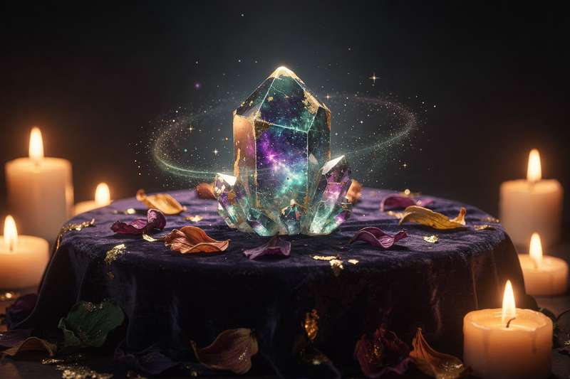 Cristal de obsidiana negra pulida reflejando luz sobre superficie oscura.