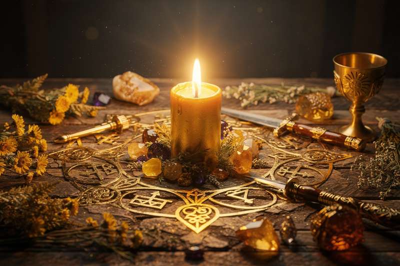 Vela dorada encendida en un altar decorado con cristales y elementos naturales para rituales de prosperidad y abundancia.