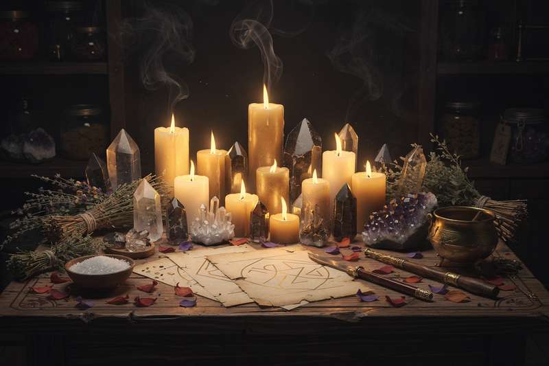 Velas encendidas y monedas dispuestas en círculo sobre un altar para atraer abundancia financiera mediante magia.
