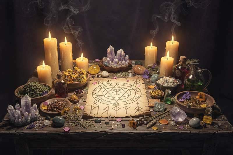 Altar decorado con velas blancas, monedas y hierbas aromáticas dispuestas en círculo para rituales de prosperidad.