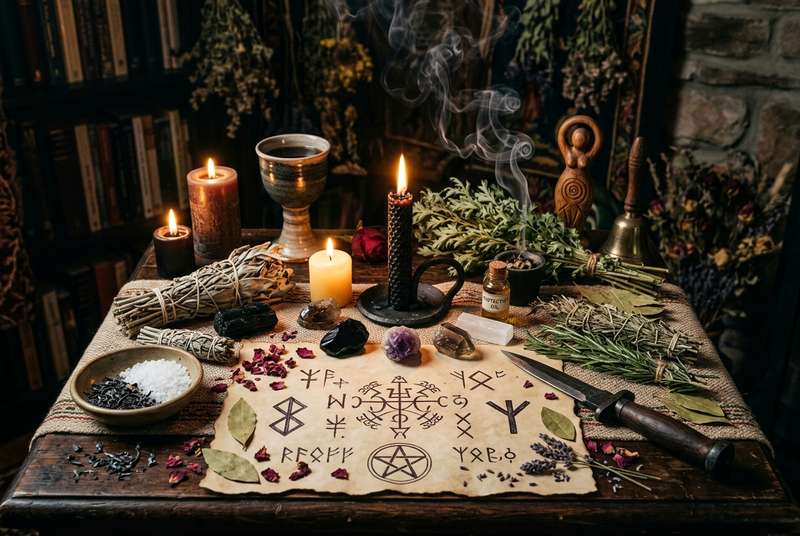Altar con velas blancas, cristales protectores y hierbas secas dispuestas para realizar un ritual de defensa energética.