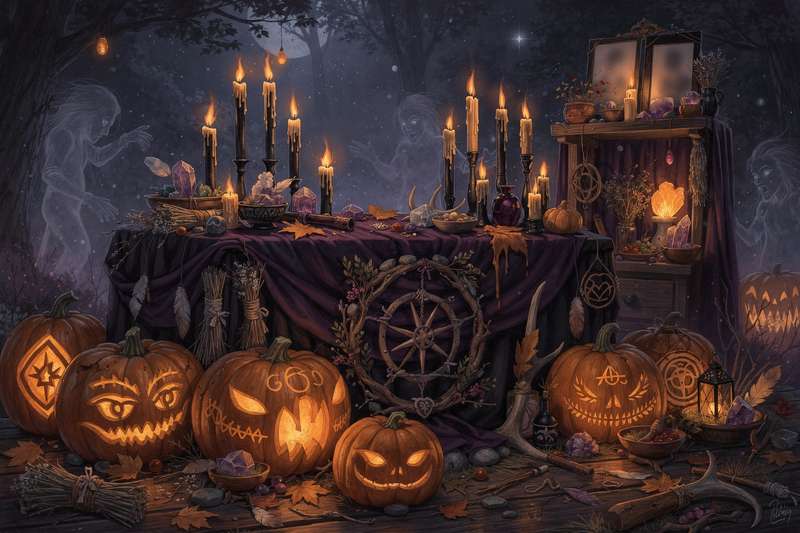 Altar decorado con velas negras, manzanas y hojas de otoño para celebrar Samhain.