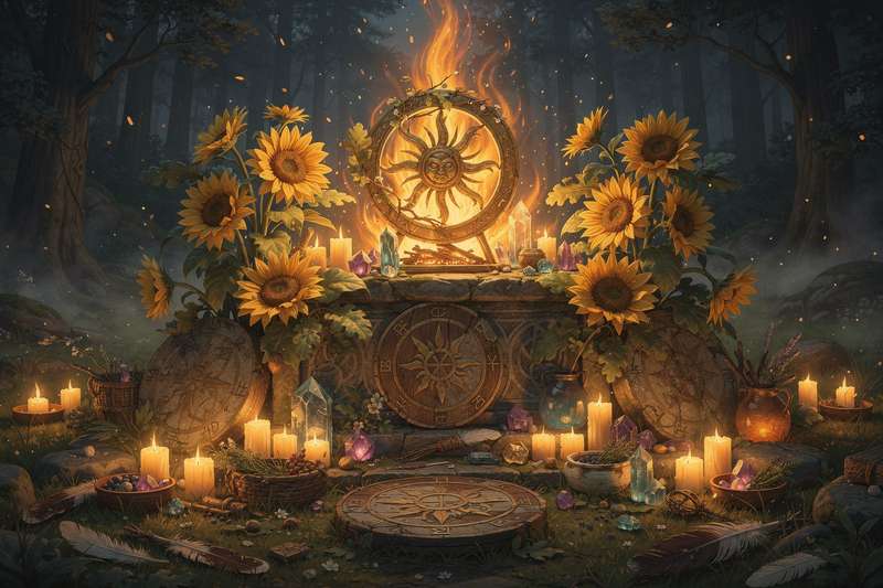 Altar decorado con flores amarillas, velas encendidas y símbolos solares para celebrar el solsticio de verano.