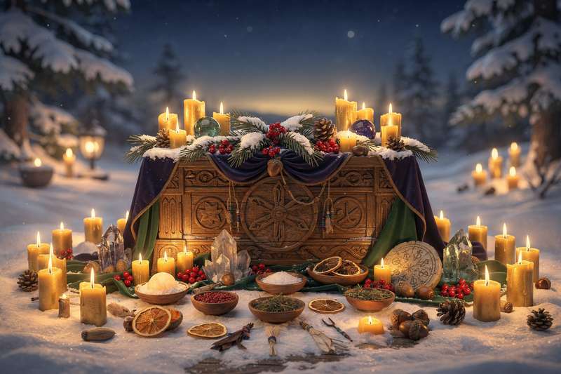 Altar decorado con velas, ramas de acebo y símbolos solares para celebrar el solsticio de invierno.