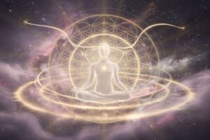 Mujer meditando en posición de loto con luz dorada emanando de su interior en un espacio de tranquilidad espiritual.
