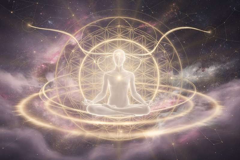 Mujer meditando en posición de loto con luz dorada emanando de su interior en un espacio de tranquilidad espiritual.
