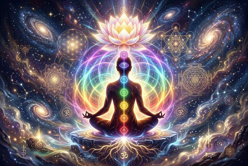 Mujer meditando en posición de loto durante el atardecer, reflejando paz interior y transformación personal en la madurez.