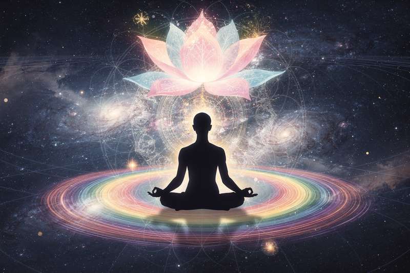 Persona en meditación profunda observando su transformación interior a través de diferentes etapas del crecimiento espiritual.