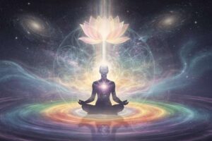 Persona meditando en posición de loto con luz dorada emanando desde su interior durante un proceso de transformación espiritual.