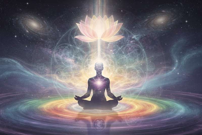 Persona meditando en posición de loto con luz dorada emanando desde su interior durante un proceso de transformación espiritual.